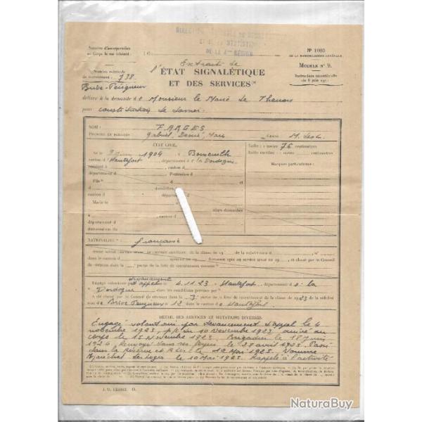 �tat signal�tique et des services , d�mobilisation, service militaire de 1923 � 1940 4me r�gion