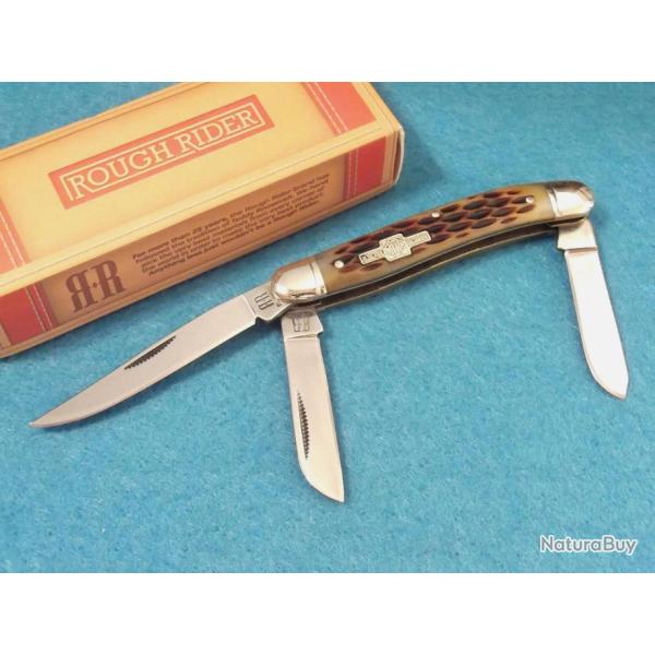 Couteau Canif Rough Rider Stockman Amber Bone 3 Lames Acier 440 Manche Os RR438