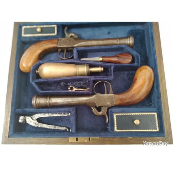 Paire de Pistolets Li�ge box lock   tromblon en coffret