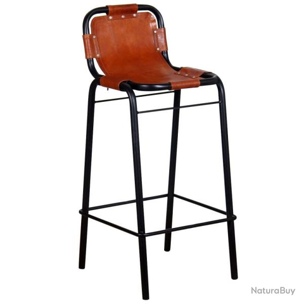 Lot de deux tabourets de bar design chaise si�ge cuir v�ritable marron 1202051