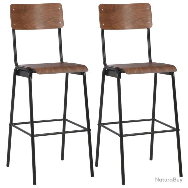 Lot de deux tabourets de bar design chaise si�ge marron contreplaqu� solide et acier 1202082