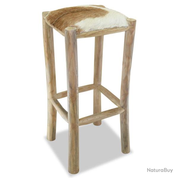 Tabouret de bar design chaise si�ge cuir v�ritable teck carr� marron 1202093