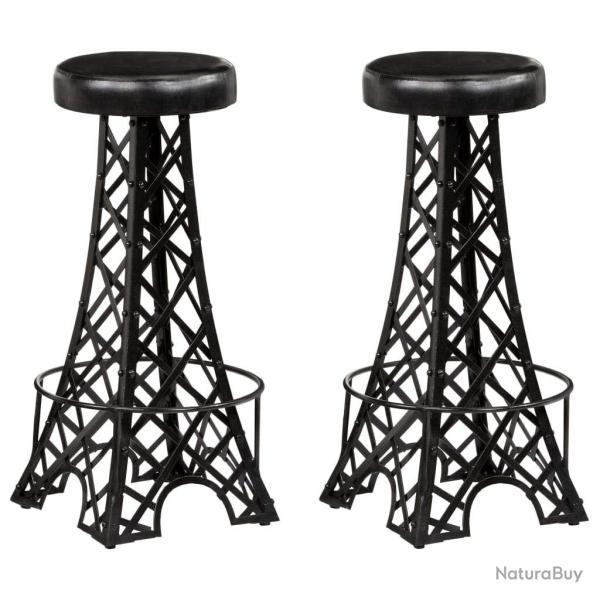 Lot de deux tabourets de bar design chaise si�ge cuir v�ritable noir 1202119