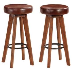 Lot de deux tabourets de bar design chaise si&egrave;ge bois d'acacia cuir v&eacute;ritable 1202112