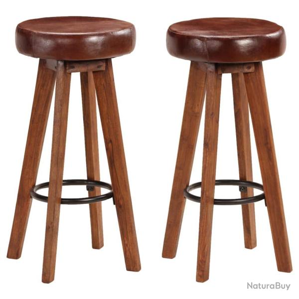 Lot de deux tabourets de bar design chaise si�ge bois d'acacia cuir v�ritable 1202112