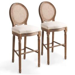 Lot de deux tabourets de bar design chaise si&egrave;ge rotin blanc cr&egrave;me 1202150