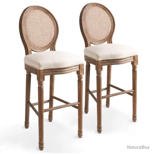 Lot de deux tabourets de bar design chaise si�ge rotin blanc cr�me 1202150