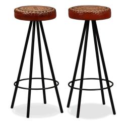 Lot de deux tabourets de bar design chaise si&egrave;ge cuir v&eacute;ritable et toile marron 1202167