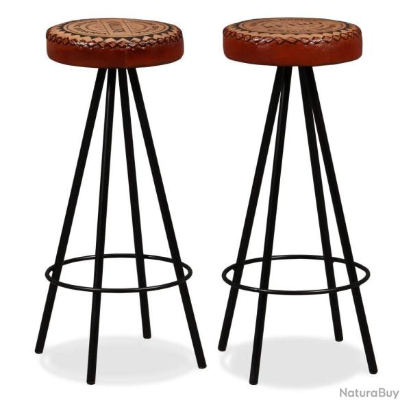 Lot de deux tabourets de bar design chaise si�ge cuir v�ritable et toile marron 1202167