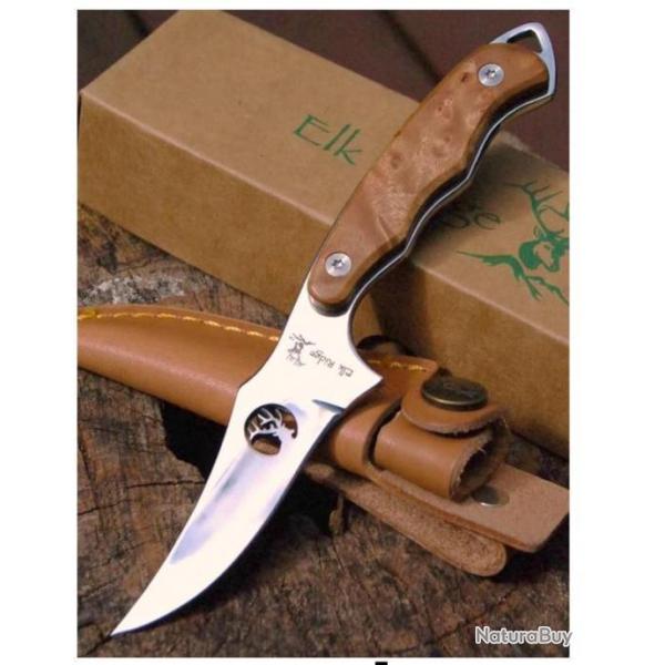 Couteau SKINNER ELK RIDGE CHASSE Sharpfinger Style Burlwood Lame Acier 440 Etui Cuir ER059