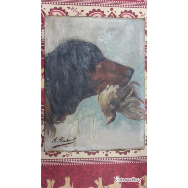 Peinture � l'huile setter  avec caille sign�e A.Cadoret XIX �me si�cle