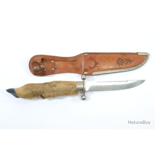 Couteau de chasse de style allemand, dents de scie, poign�e patte de chevreuil et �tui cuir