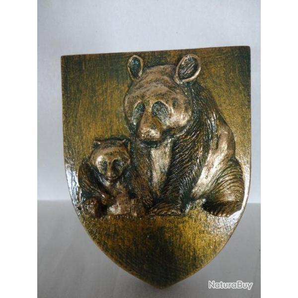 Blason Panda et son petit finition bronze avec accroche