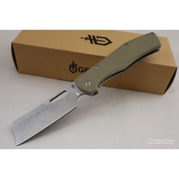 Couteau Gerber Flatiron Cleaver Lame Acier 7Cr17MoV Manche Green G-10 Framelock Clip G1495