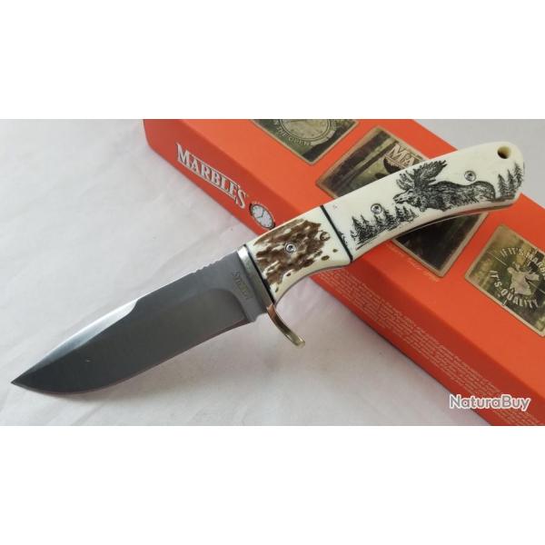 Couteau Marbles Scrimshaw Lame Acier Inox Manche Os Etui Nylon MR440