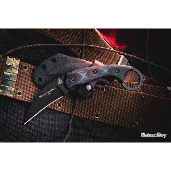 Couteau Karambit Tops Devils Claw 2 Lame Acier Carbone 1095 Manche Black/Blue G-10 USA TPDEVCL02