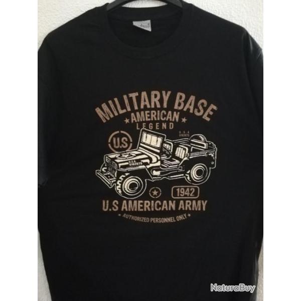 T SHIRT noir US MILITARY BASE AMERICAN LEGEND 1942 JEEP tailles S � XXL tee militaria