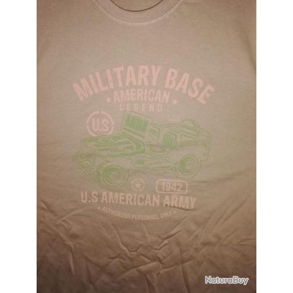 T SHIRT beige US MILITARY BASE AMERICAN LEGEND 1942 JEEP tailles S � XXL tee militaria
