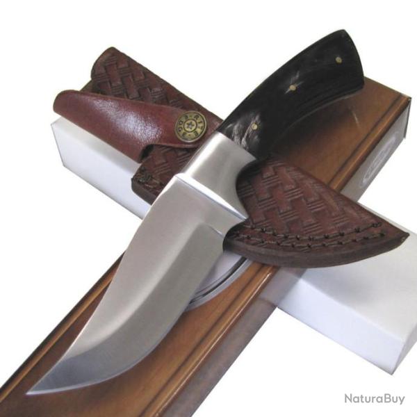 Couteau de Chasse Lame Acier Inox Manche Corne Etui Cuir PA8023HN