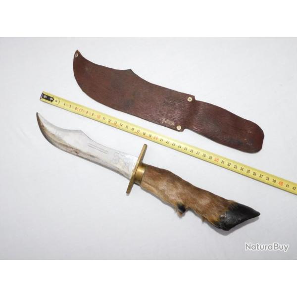 BEL ANCIEN GRAND COUTEAU DAGUE DE CHASSE - MANCHE PIED CHEVREUIL  + ETUI CUIR