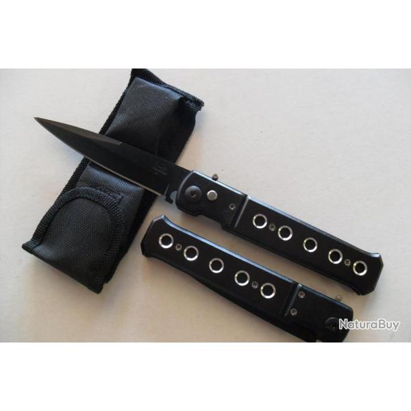 Couteau Automatique Lame Acier Fine 10 Cm Manche en Acier/Trous 12 Cm Chasse P�che Bivouac