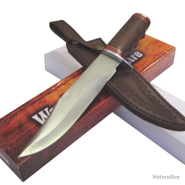 Couteau De Chasse Bowie Lame Acier Carbone 1055 Manche Bois Etui Cuir PA3380