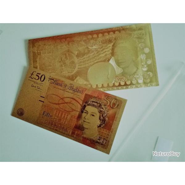 billet 50 livres + Enveloppe - Queen Fifty Rounds - Mati�re feuille d'or