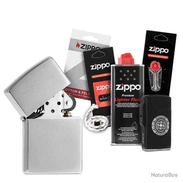 Pack complet Briquet Zippo Brushed avec mche essence coton et pierres