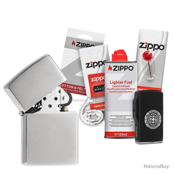 Pack complet Briquet Zippo Brushed avec m�che essence coton et pierres