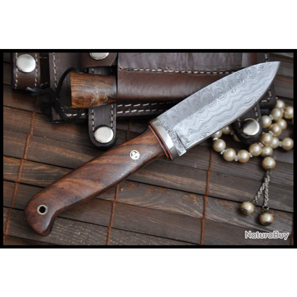 Couteau de chasse Damas + aff�teur  - Bushcraft fait sur commande avec �tui en cuir cousu main. (3)