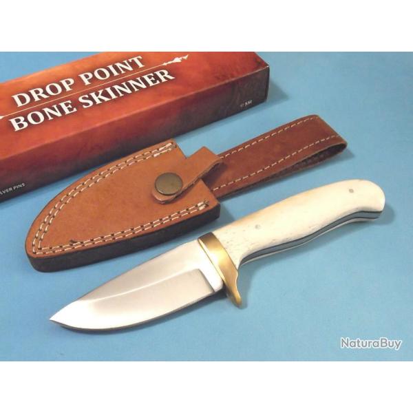 Couteau de Chasse Skinner Lame Acier Inox Manche Os Etui Cuir PA3360BO