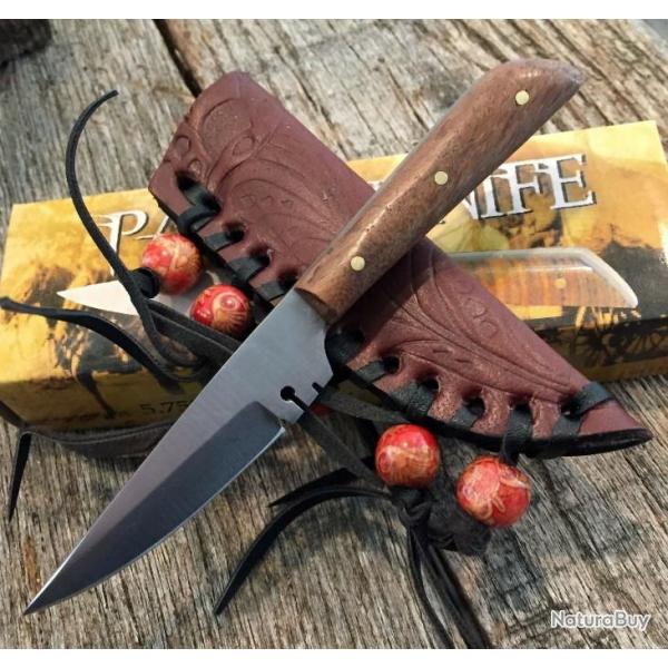 Couteau D'Indien Native Lame Acier Inox Manche Bois Etui Cuir PA3296