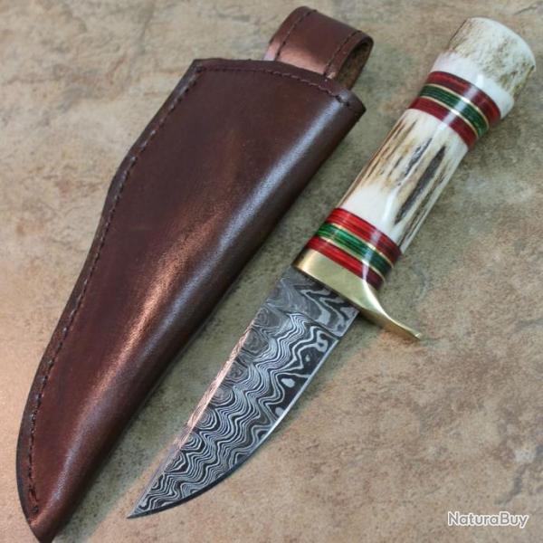 Couteau Damas 128 Couches Manche Bois de Cerf Etui Cuir Fabrication Artisanale DM1075