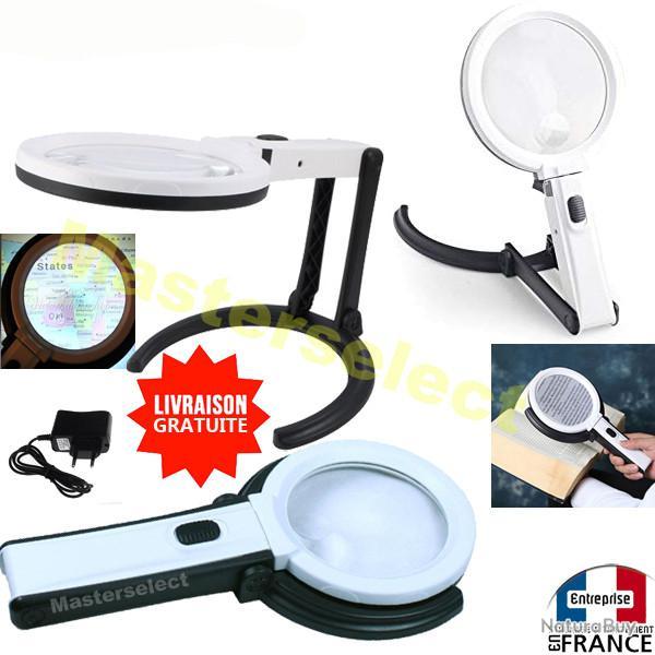 Loupe sur pied modulable 2 en 1 � main avec �clairage � 10 Leds sur secteur ou piles puissante