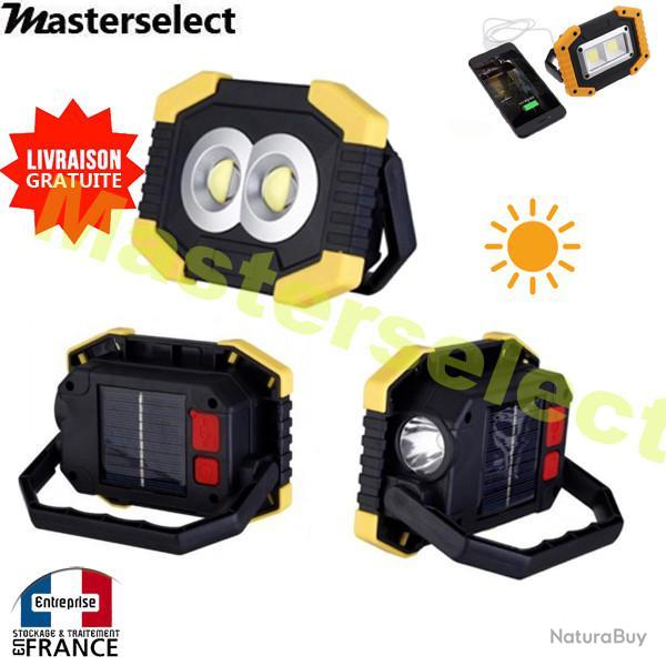 Lampe projecteur torche COB de secours avec panneau solaire et recharge batterie t�l�phone