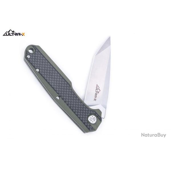 Couteau Ultra-X BOA Carbon Fiber/Olive Manche G-10 Lame Tanto D2 Linerlock Clip UXHK209B