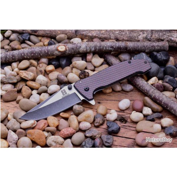Couteau Rough Rider A/O Lame Acier Inox Stonewash Manche Acier/Fibre de Carbone Framelock RR182