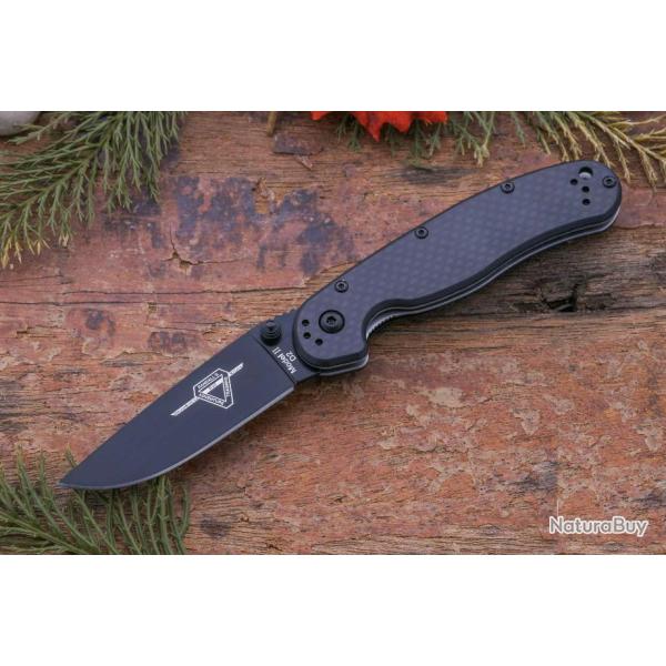 Couteau Ontario Rat II D2 Military Manche Fibre de Carbone/G10 Lame Acier D2 Linerlock Clip ON8834