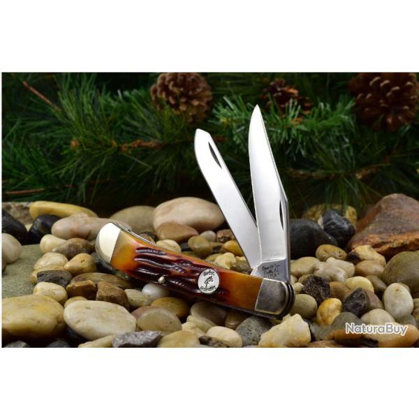 Couteau Canif Bear & Son Large Trapper 2 Lames Acier Carbone 1095 Manche Os Made In USA BCCRSB54