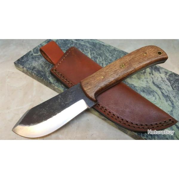Couteau de Survie Bushcraft Lame Acier Carbone 1055 Manche Bois Etui Cuir PA4424