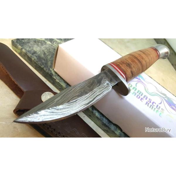 Couteau Skinner Damas 260 Couches Manche Cuir Etui Cuir DM1166