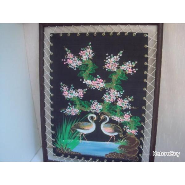 ancien tableau sur soie tiss� 35 cm x 45 cm
