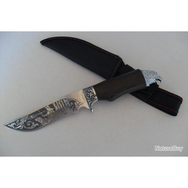 Poignard De Chasse 29 Cm Lame Acier Inoxydable Style Damas Grav Manche Grav Faucon