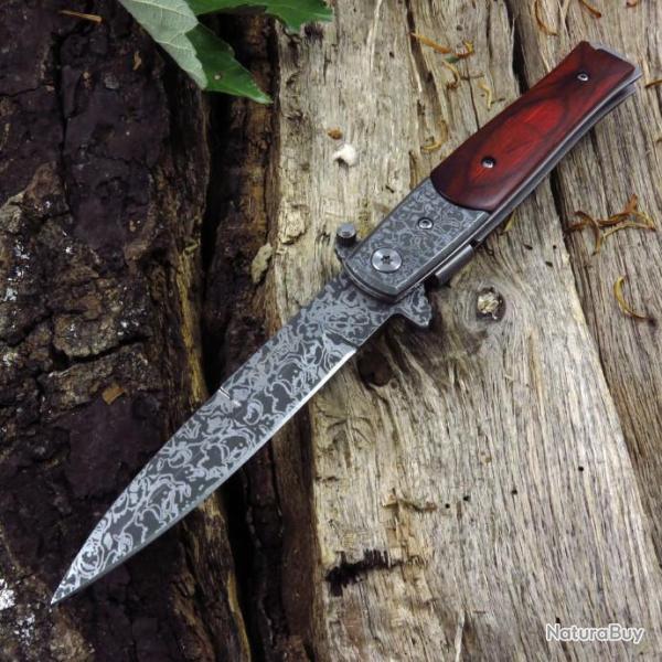Couteau Tac Force Stiletto A/O Lame Acier 440 Faux Damas Manche Bois Linerlock Clip TF428DMW