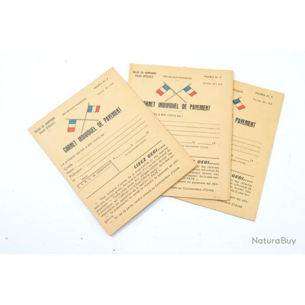 Lot x 3 carnet individuel de payement mod�le SC9. Solde en campagne Arm�e Fran�aise