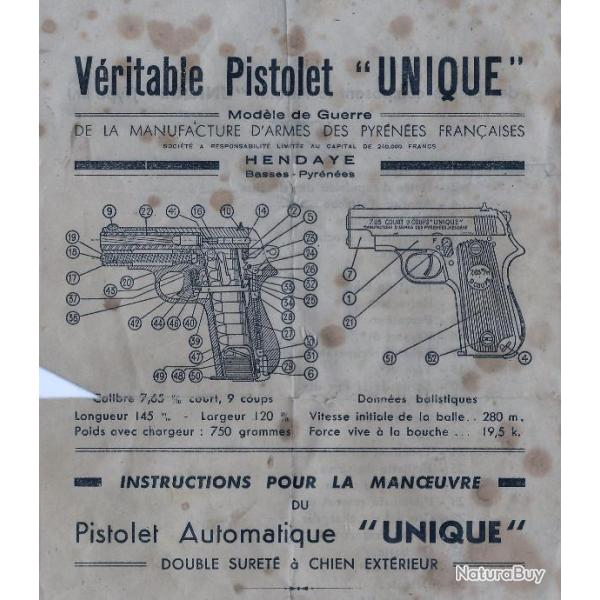 Scan du manuel d'utilisation pistolet unique calibre 7.65mm