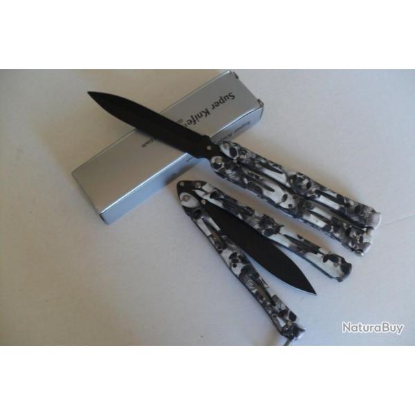 Camouflage Couteau Papillon Balisong 23 Cm Lame Acier Noir Manche Acier Tactique