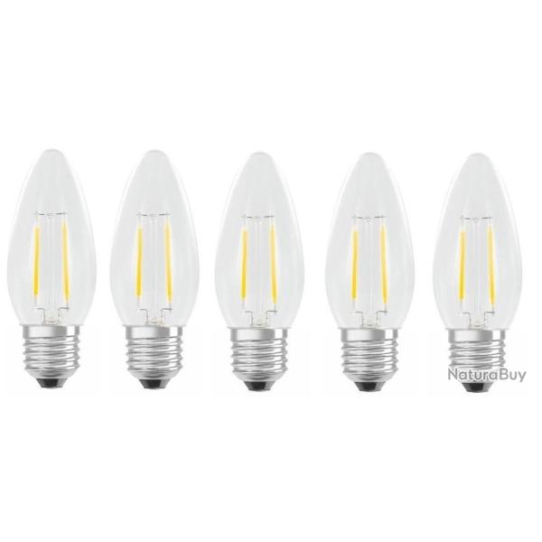 Lot de 5 Ampoules Flamme LED filament A+++ E27 3W 300lm Blanc chaud
