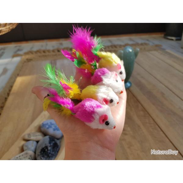 JOUET CHAT 4 PETITES SOURIS plume v�ritable - Font du bruit - Grelot