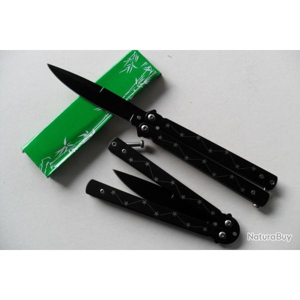 Couteau Papillon Balisong Etoiles 21,5 Cm Lame Acier Inoxydable Manche En Acier Tactique